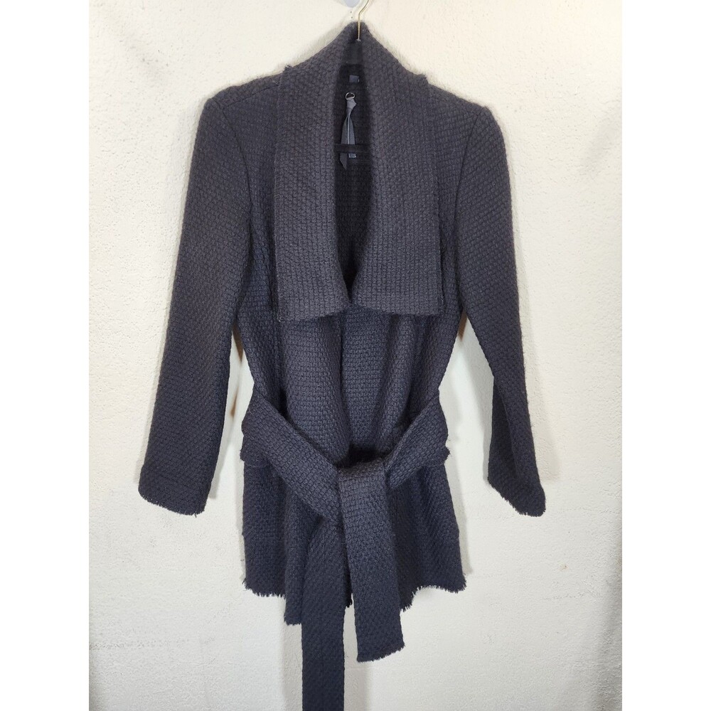 Lafayette 148 New York Wool Wrap Jacket 6 Black Textured Belted Shawl Raw Edge